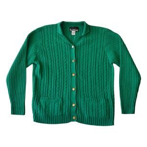 Classic Green Cable Knit Cardigan - Size M Vintage Collared Sweater